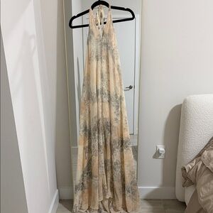Michelle Jonas Halter Maxi Dress in Cream and Gray Floral